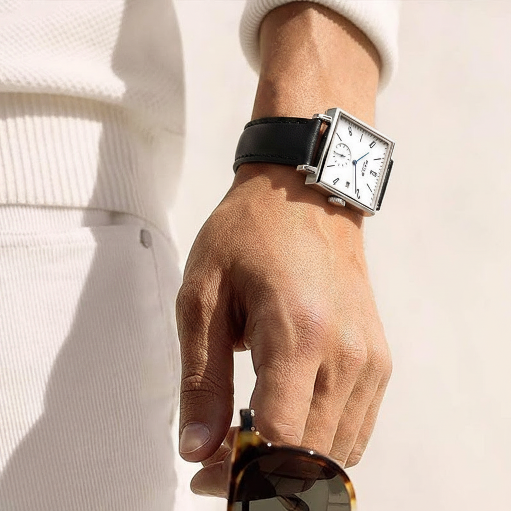 A close-up of a man's hand wearing a rectangular silver-tone watch with a white dial and black leather strap, while holding a pair of tortoiseshell sunglasses against a bright off-white background.