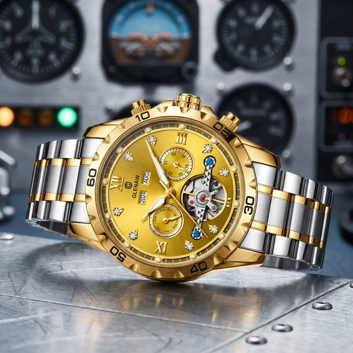 A luxury men's automatic watch with a gold and silver two-tone metal bracelet, featuring a prominent gold dial with Roman numerals, a skeletonized case, and crystal hour markers, displayed on a metallic surface with a blurred airplane dashboard background.