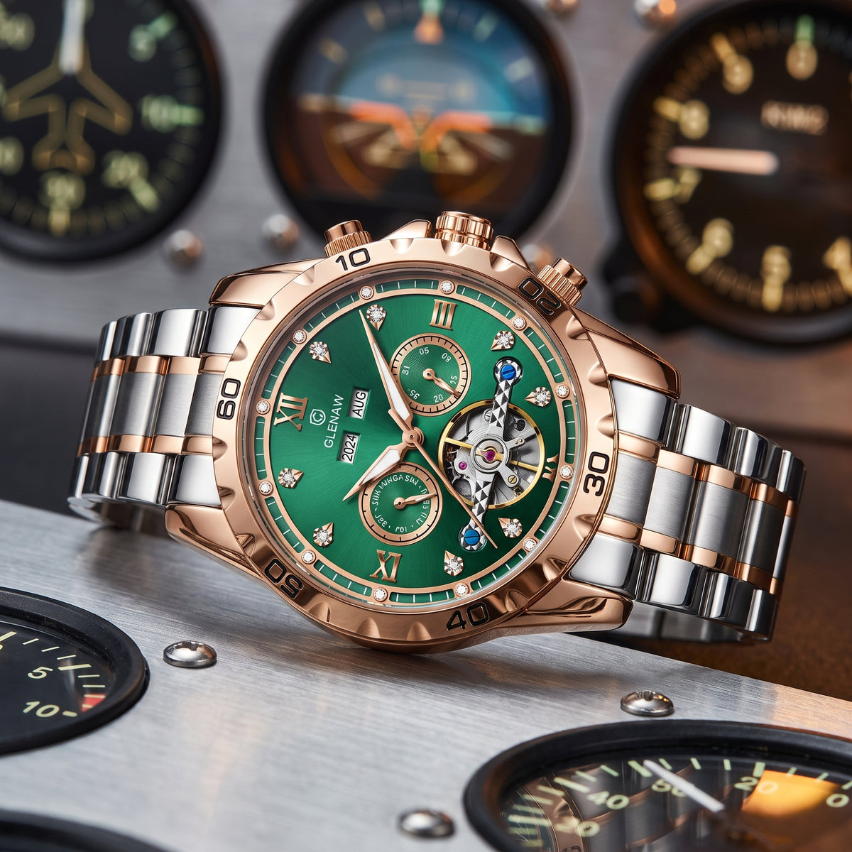 A COSMOS wristwatch with a green dial, rose gold case, and silver-and-rose gold metal link bracelet, displayed on a metallic surface with blurred aviation dials in the background.
