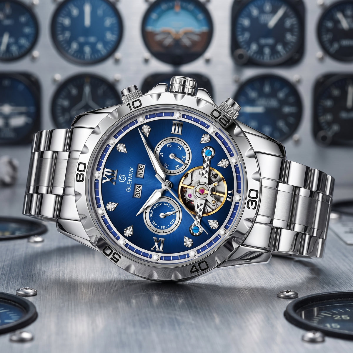 A luxury wrist watch with a polished silver-tone stainless steel case and link bracelet, featuring a vibrant blue dial with skeletonized details and a visible gold-tone automatic movement. The watch is presented on a metallic surface with a blurred background of aviation dials.