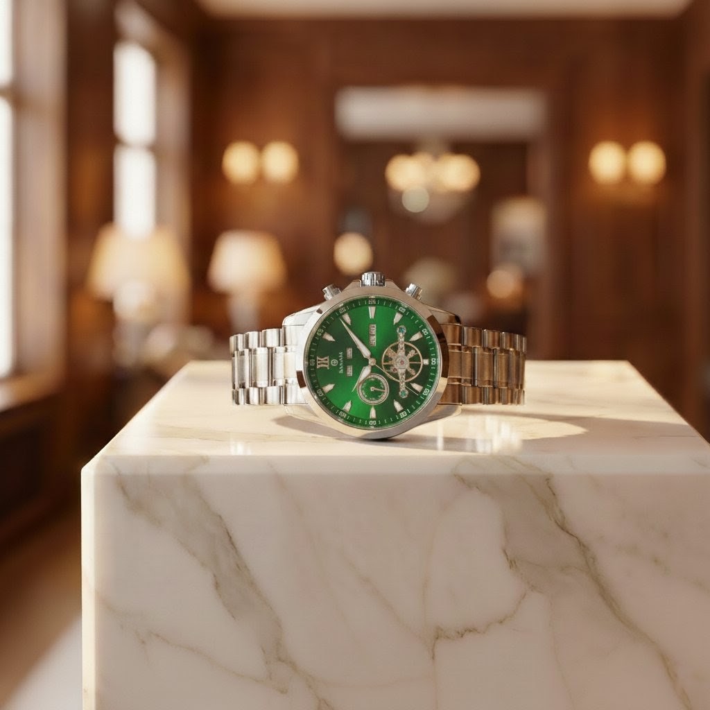 Luxury watch with green face and silver case on a marble surface in an elegant room.