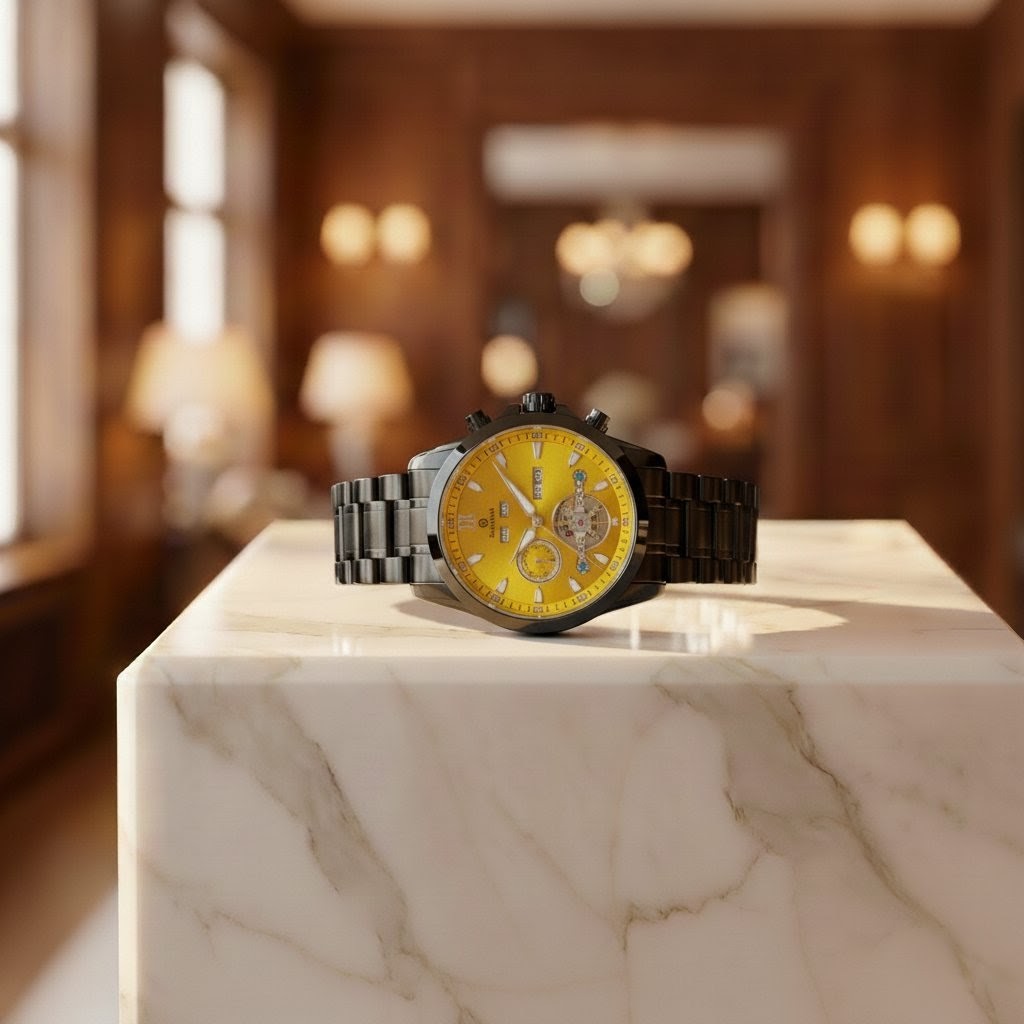 Luxury watch with yellow face and black accents on a marble surface in an elegant room.