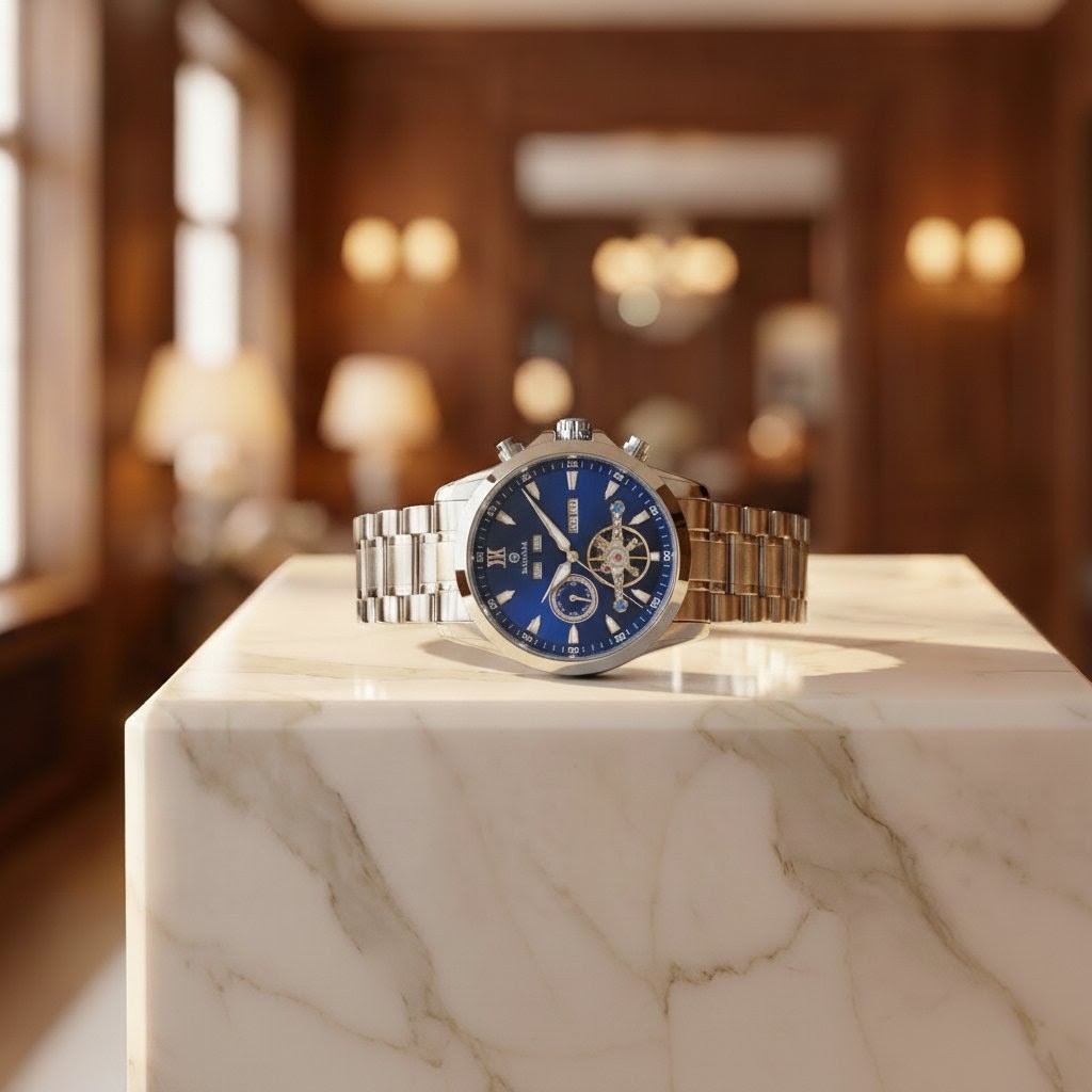 Luxury watch with green face and silver case on a marble surface in an elegant room.