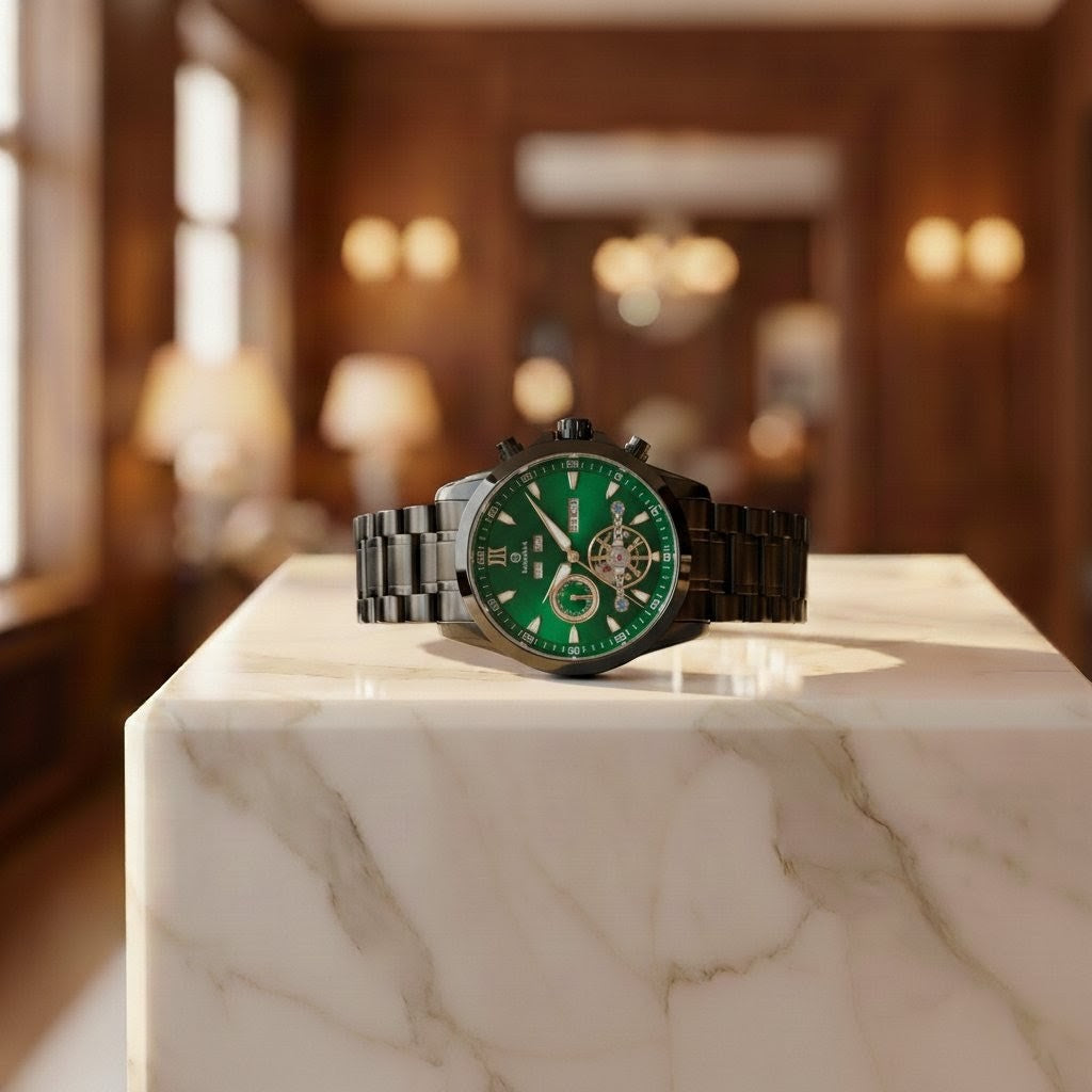 Green wristwatch on a marble surface with a blurred elegant interior background