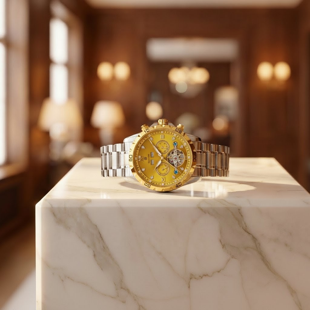 Luxury gold watch on a marble surface with a blurred elegant interior background