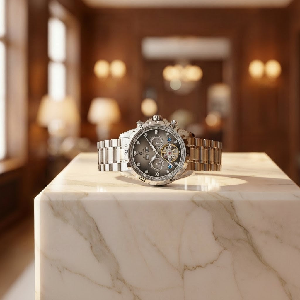 Luxury watch on a marble surface with a blurred elegant interior background