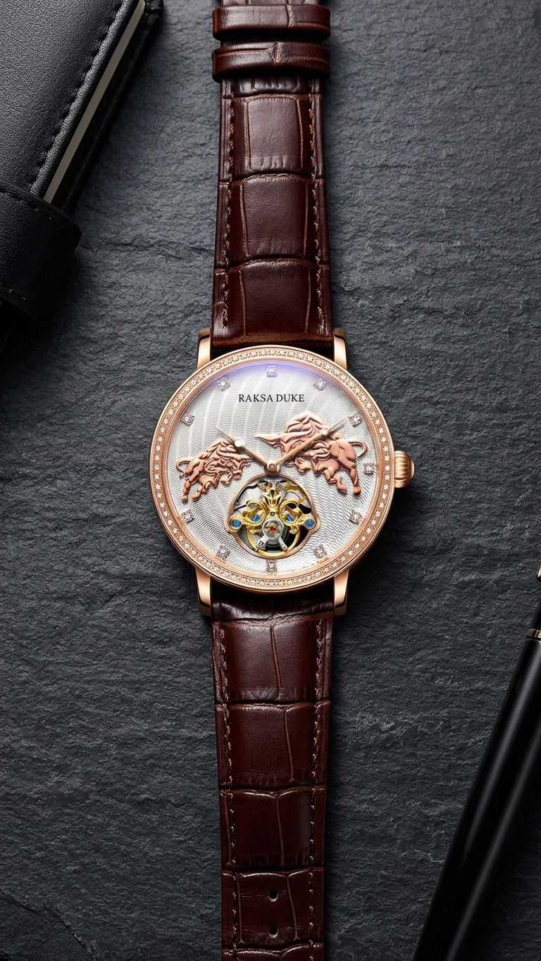 Watch with a brown leather strap on a dark surface