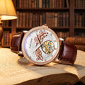 A luxury wristwatch by RARSA D'ORGE with a rose gold case, textured silver dial, and intricate mechanical movement visible through an open crown, resting on an open book with a warm, cozy library background.