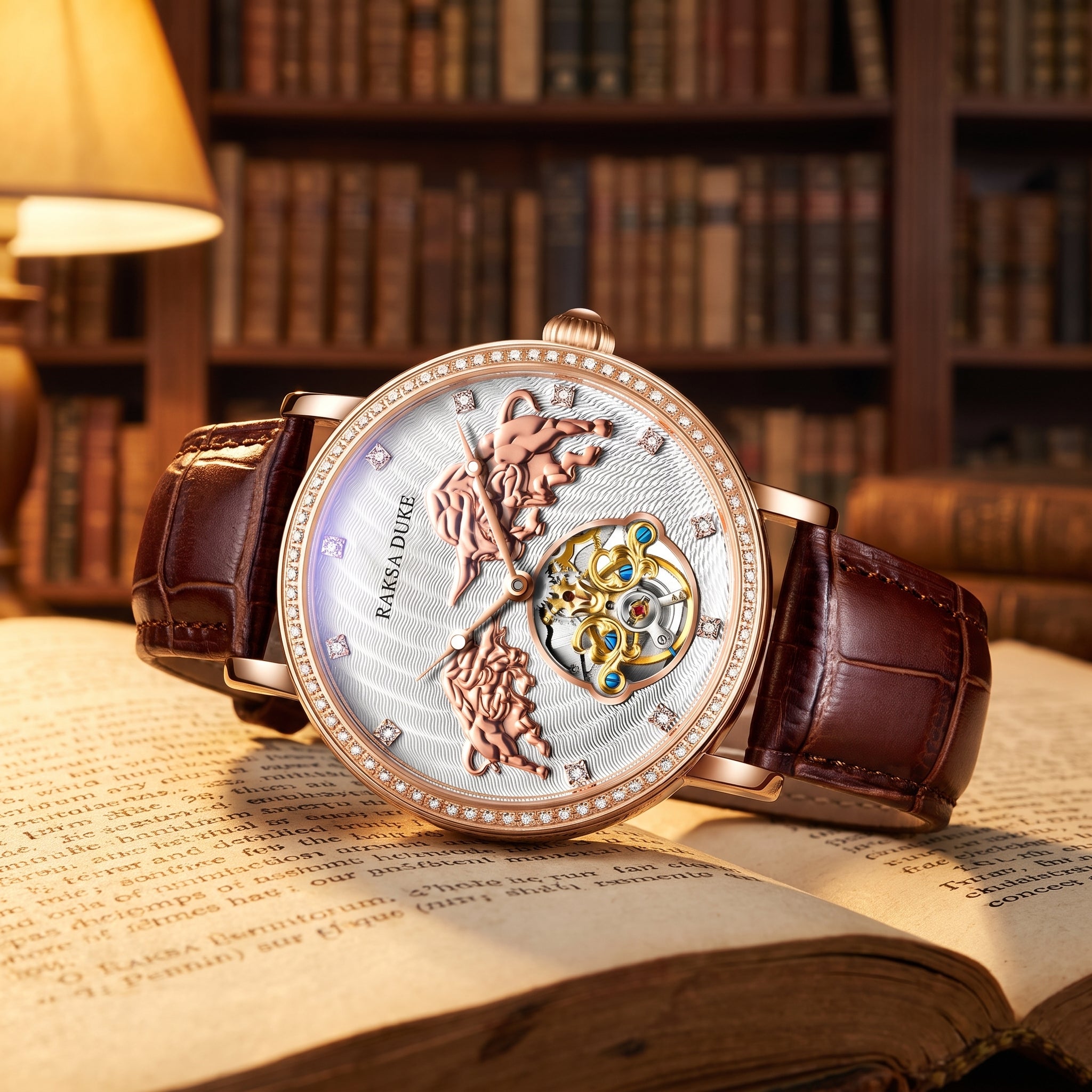 A luxury wristwatch by RARSA D'ORGE with a rose gold case, textured silver dial, and intricate mechanical movement visible through an open crown, resting on an open book with a warm, cozy library background.