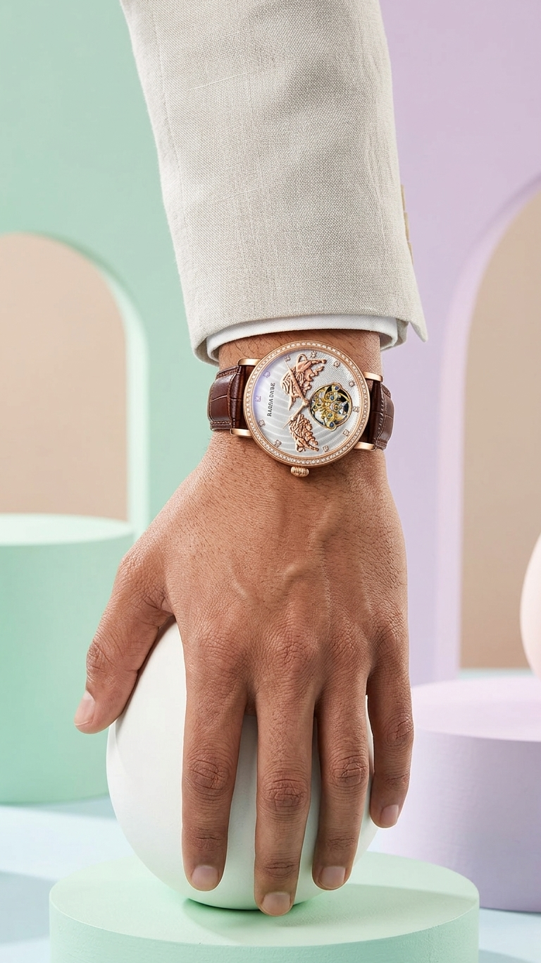 Hand wearing a watch with a detailed face, holding a small white object against a pastel background.