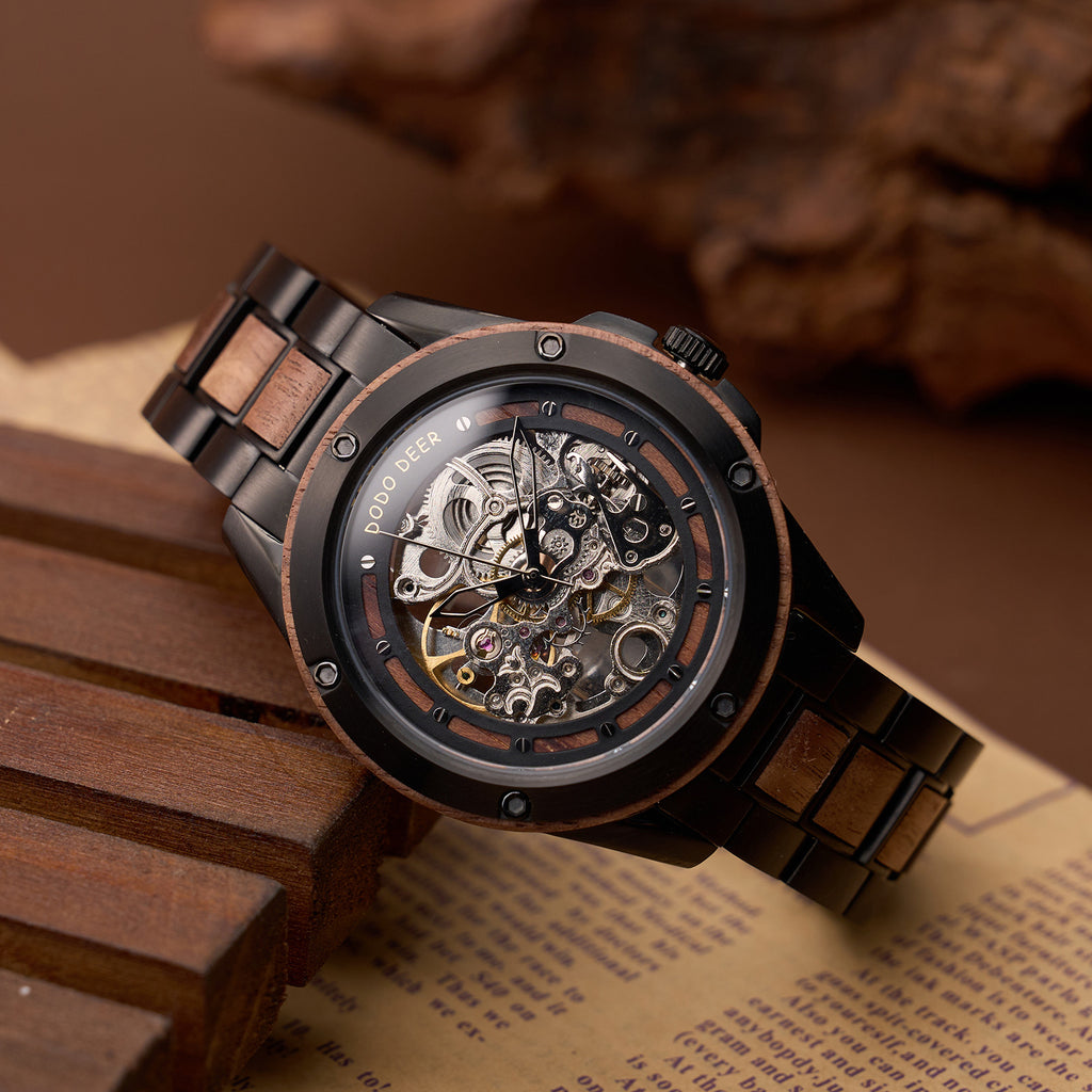 Wooden wristwatch with mechanical components on a wooden surface