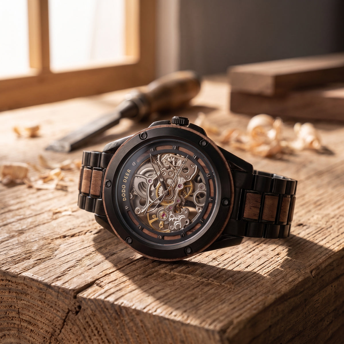A luxury skeleton watch with a black and wood link bracelet, resting on a rustic wooden workbench with wood shavings and a chisel in the background.