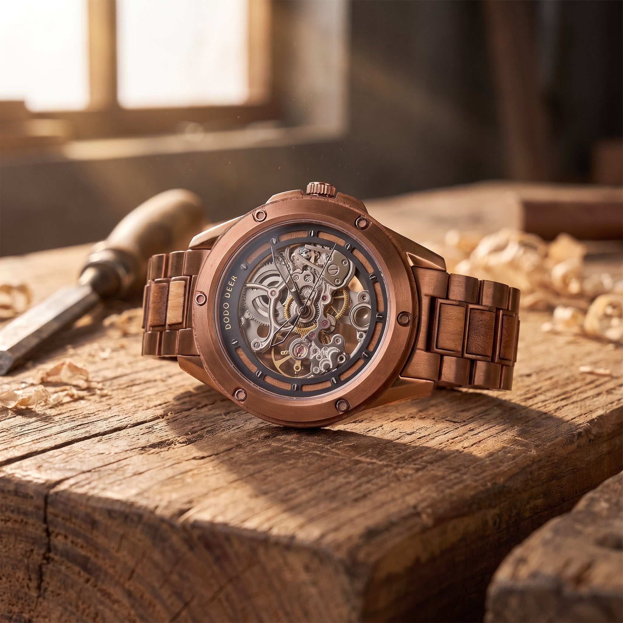 A rose gold-tone skeleton watch with a matching metal link bracelet, displayed on a rustic wooden workbench with wood shavings and a tool in the background.