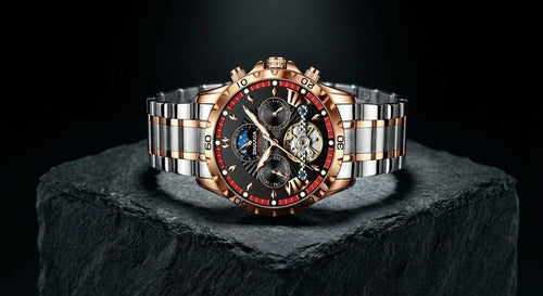Luxury watch with a detailed face on a dark background