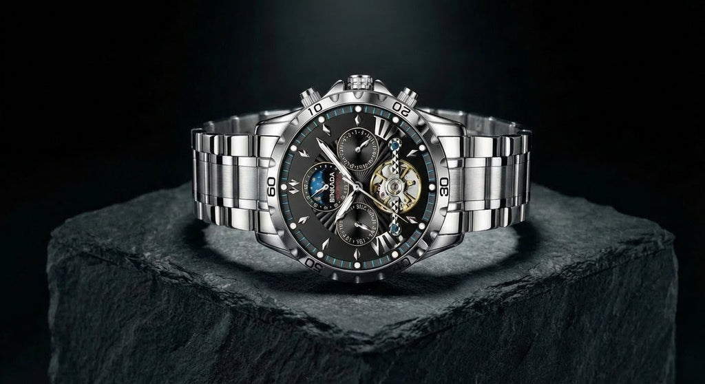 Silver wristwatch with intricate design on a dark background