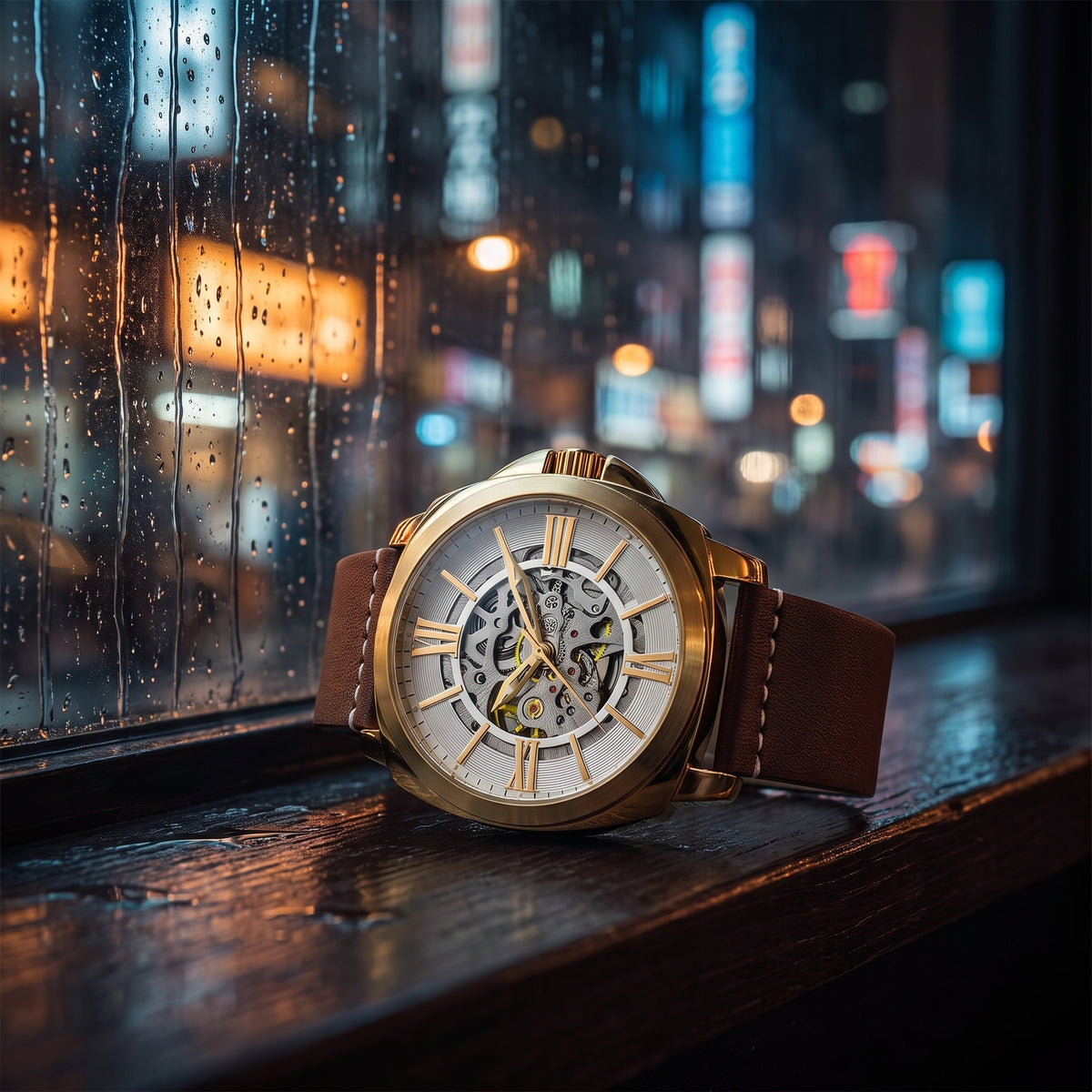 A luxury skeleton watch with a gold-toned case, white dial, and brown leather strap, resting on a dark wooden windowsill with a blurred rainy city street background.