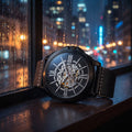 A luxury skeleton wristwatch with a black leather strap and a detailed black dial, resting on a dark wooden windowsill with a blurred rain-streaked night cityscape background.