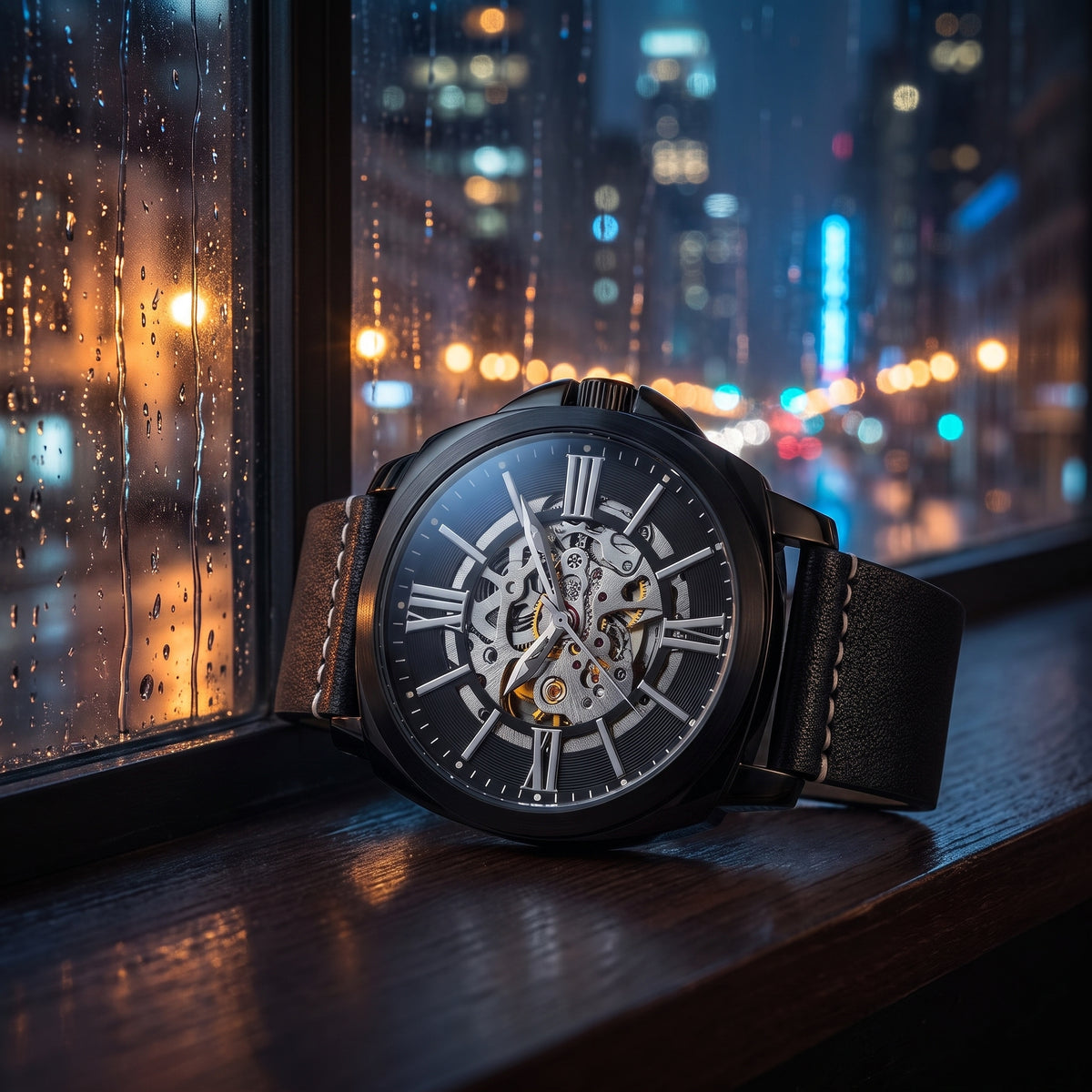 A luxury skeleton wristwatch with a black leather strap and a detailed black dial, resting on a dark wooden windowsill with a blurred rain-streaked night cityscape background.