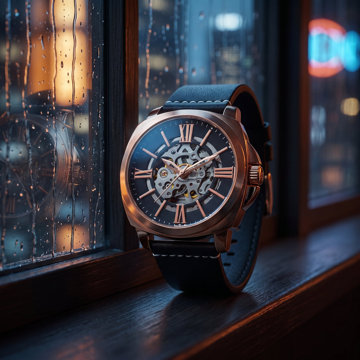 A luxury skeleton watch with a rose gold-toned case, dark blue dial, and black leather strap, resting on a wooden windowsill with raindrops and a blurred city night background.