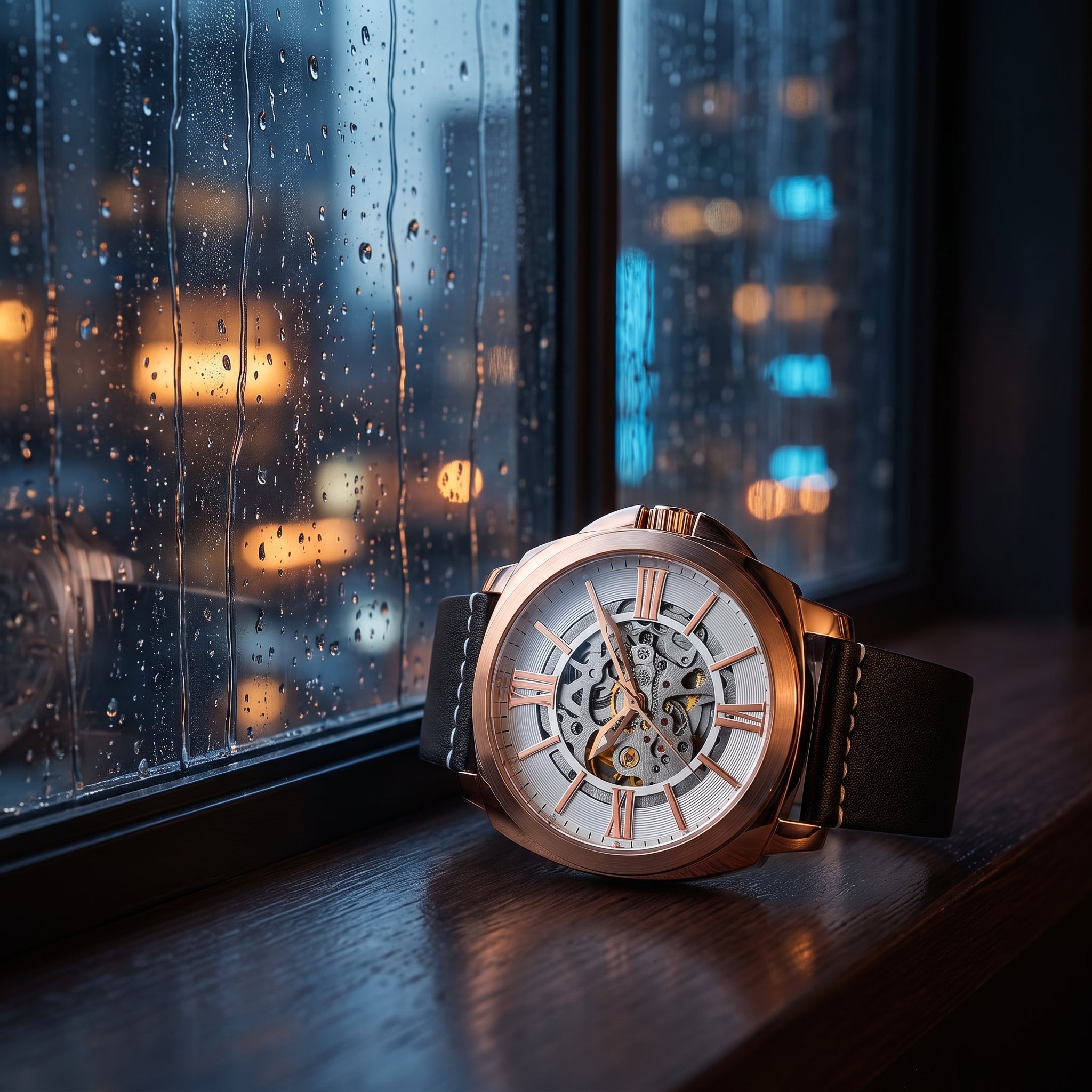 A luxury skeleton watch with a rose gold case and black leather strap, resting on a dark wooden windowsill with raindrops on the glass overlooking a blurred city night scene.