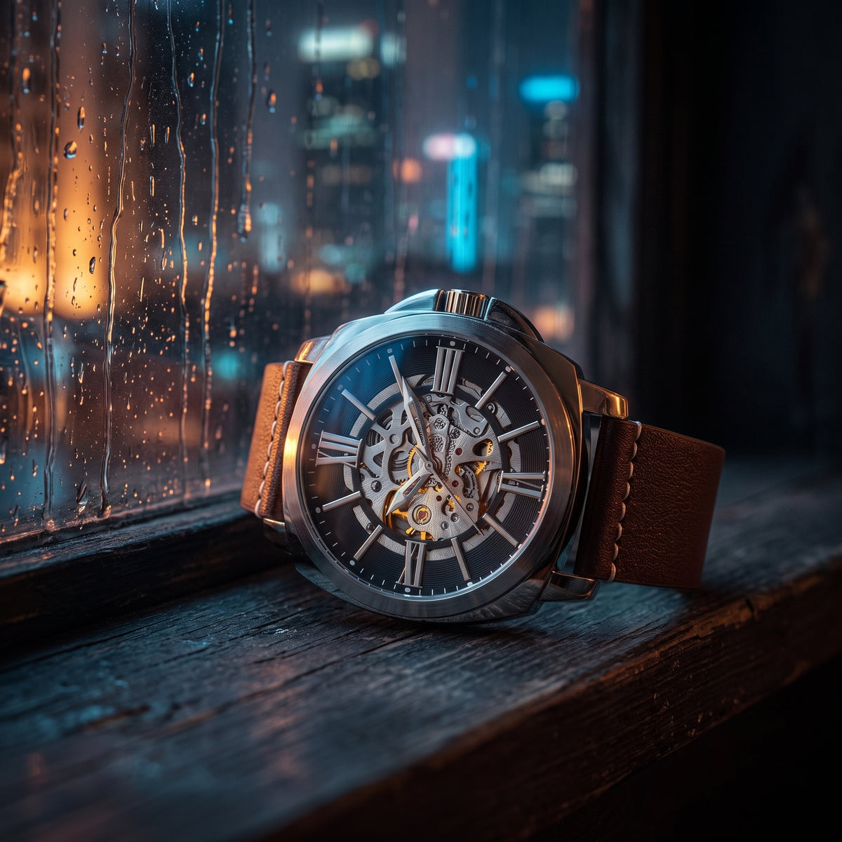 A luxury skeleton wristwatch with a brown leather strap and a dark, smoky gray dial, resting on a dark wooden windowsill with a rainy, blurred city skyline in the background.