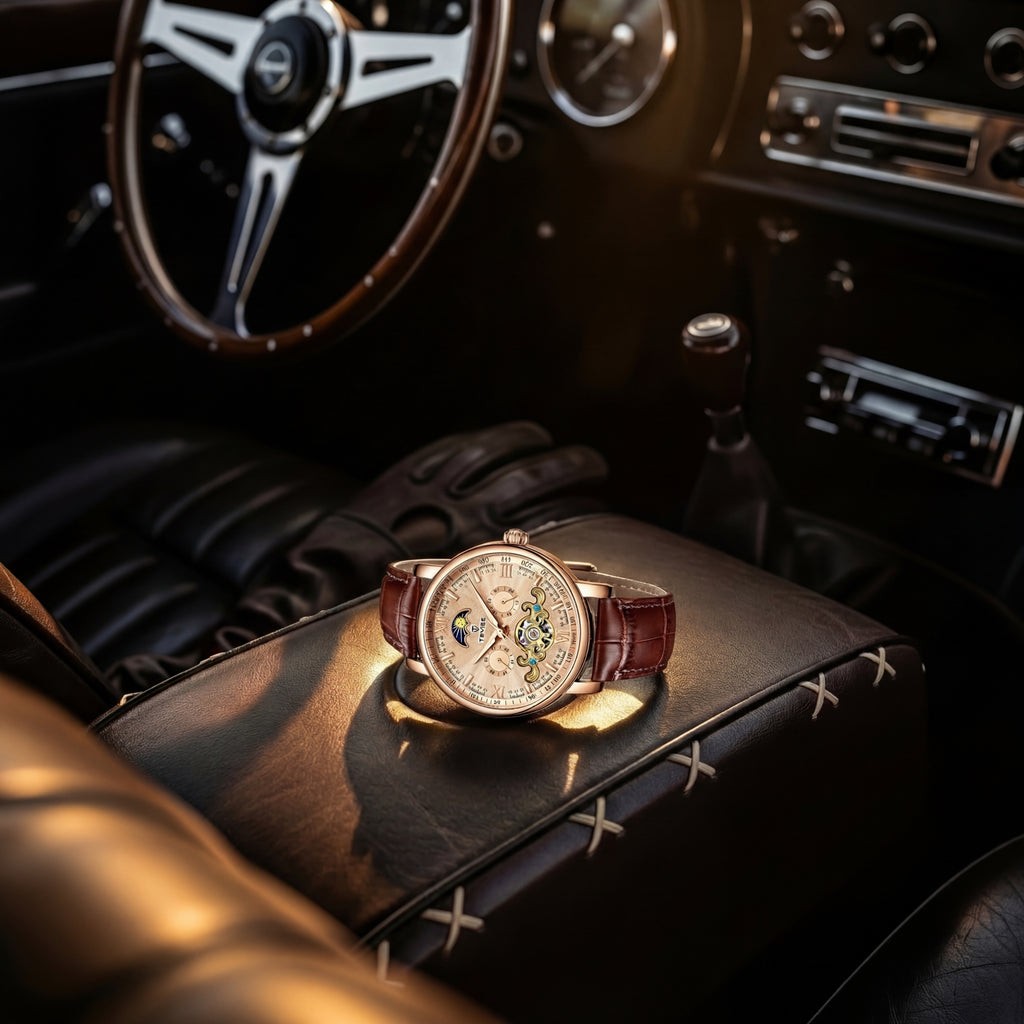 Luxury watch on a car dashboard with classic interior elements.