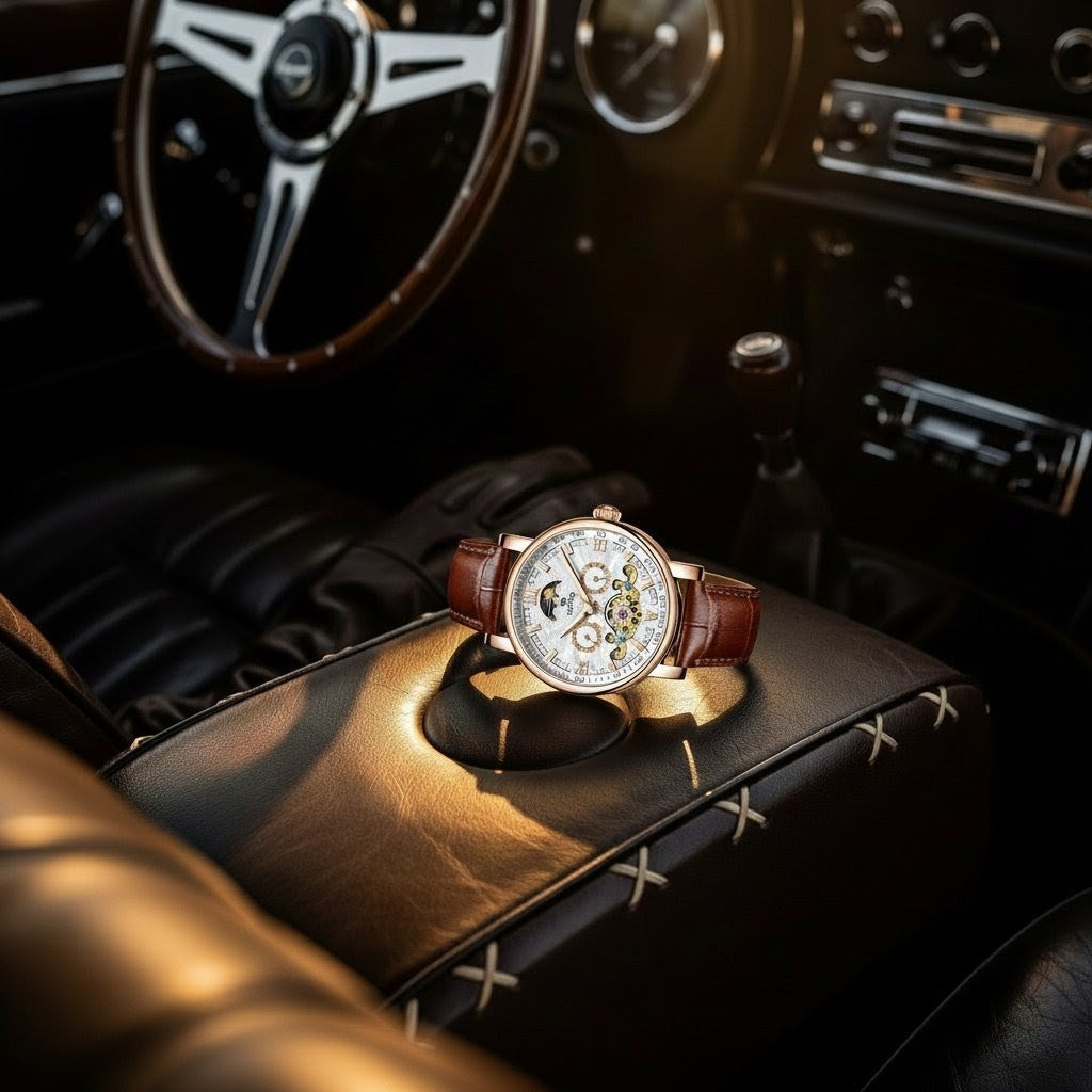 Luxury watch on a car dashboard with a vintage interior