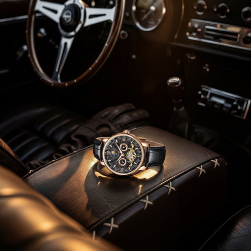 Luxury watch on a car dashboard with a vintage interior