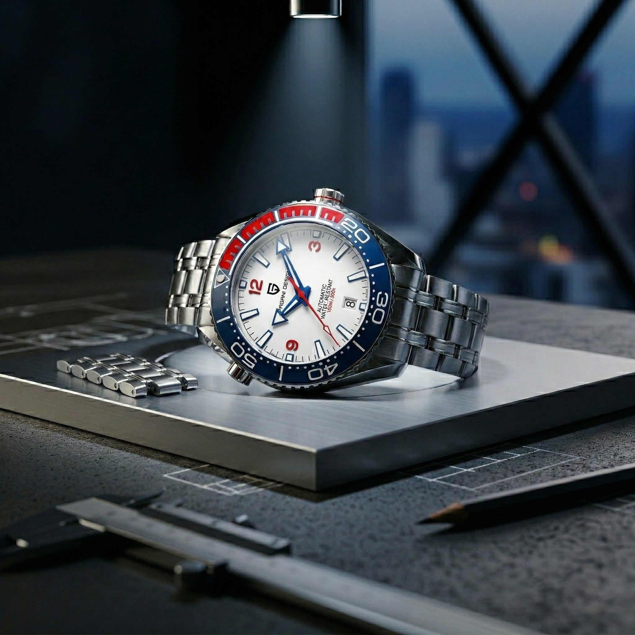 Luxury watch with a detailed face on a dark surface with blurred city lights in the background