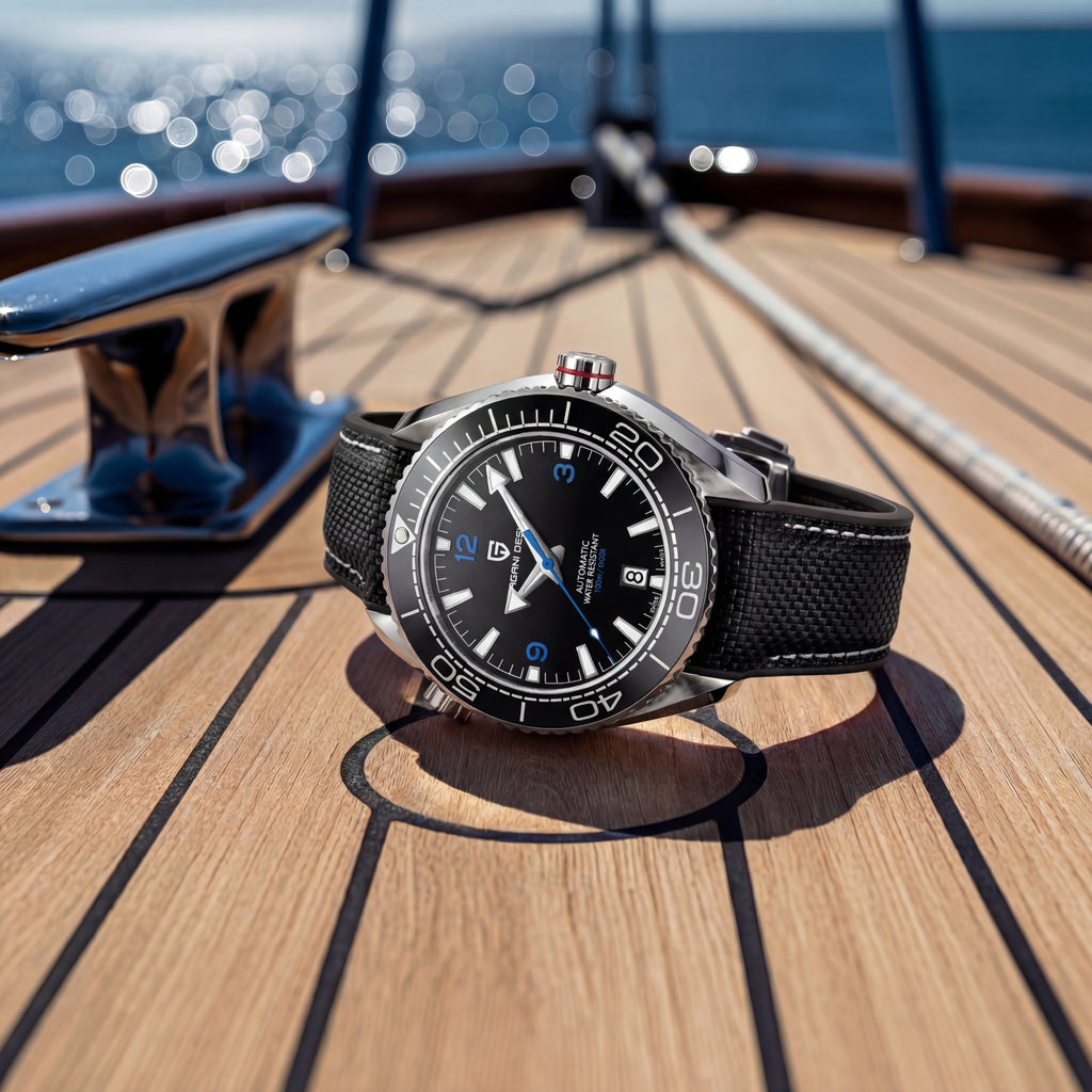 Watch on a wooden deck with ocean view