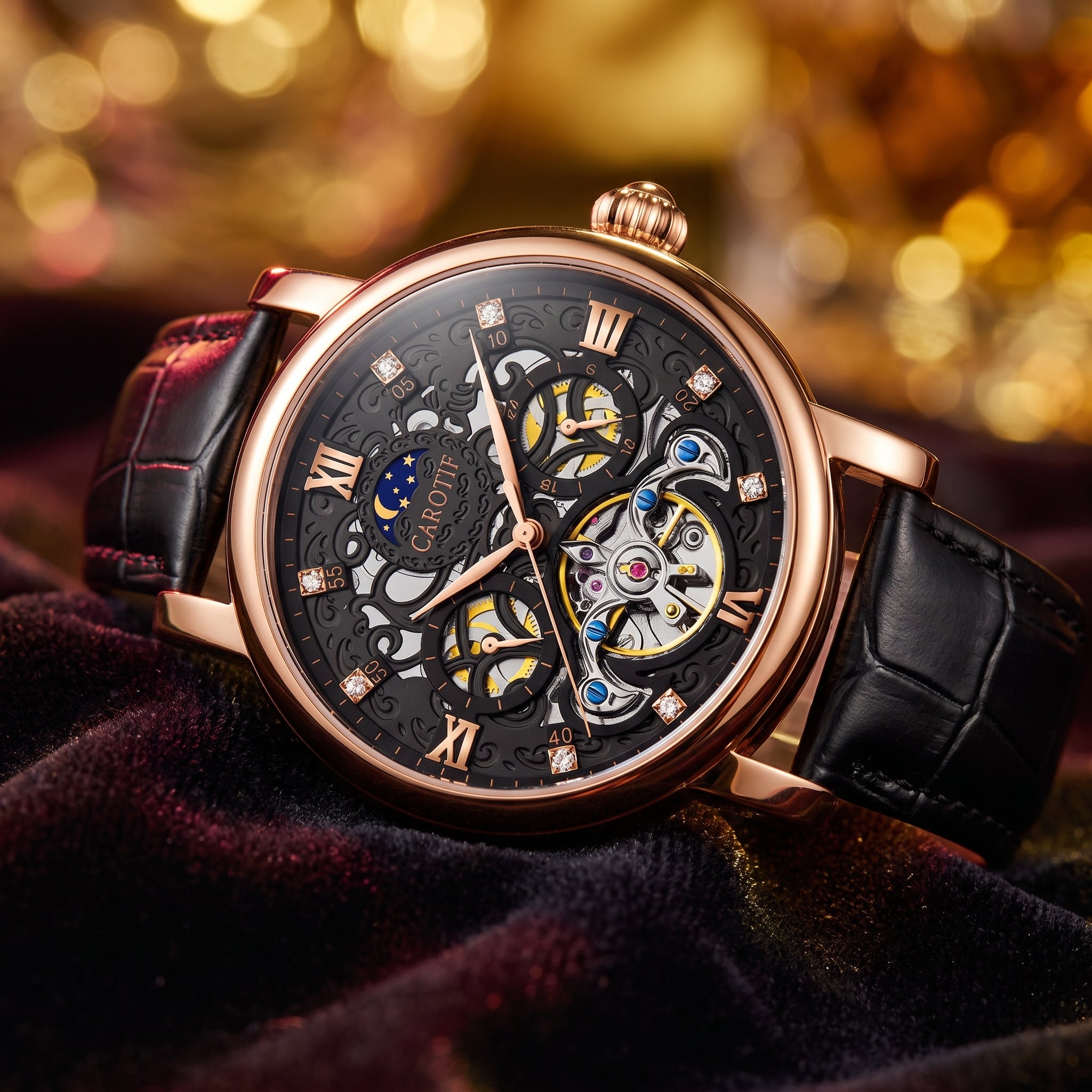 A luxury skeleton watch with a rose gold case, black leather strap, and a detailed open-heart dial showing gold and blue mechanical components, resting on a dark velvet surface with a warm golden bokeh background.