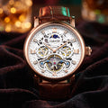 A luxury Carotif skeleton watch with a rose gold case, white dial, and brown leather strap, displayed on a dark velvet fabric with warm bokeh lights in the background.