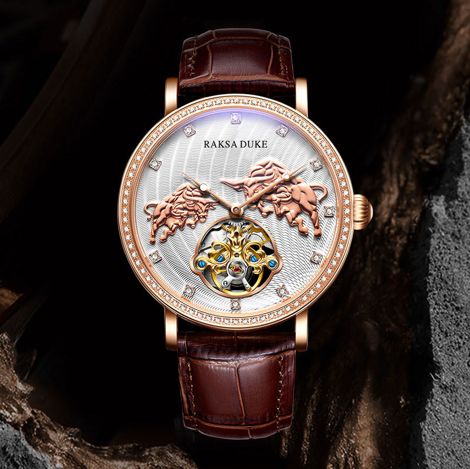 Luxury watch with intricate design and brown leather strap on dark background
