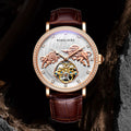 Luxury watch with intricate design and brown leather strap on dark background