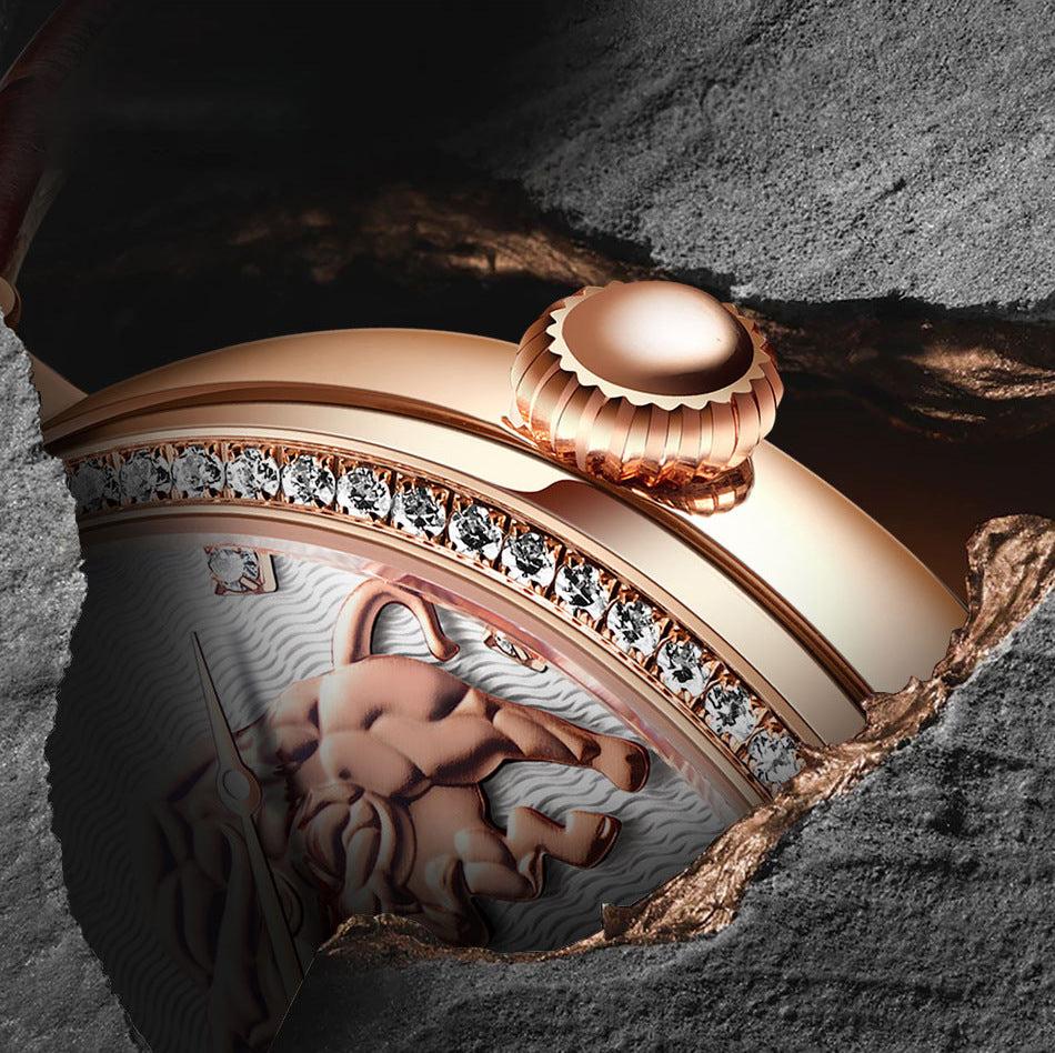 Luxury watch with detailed design and rose gold accents on a textured surface