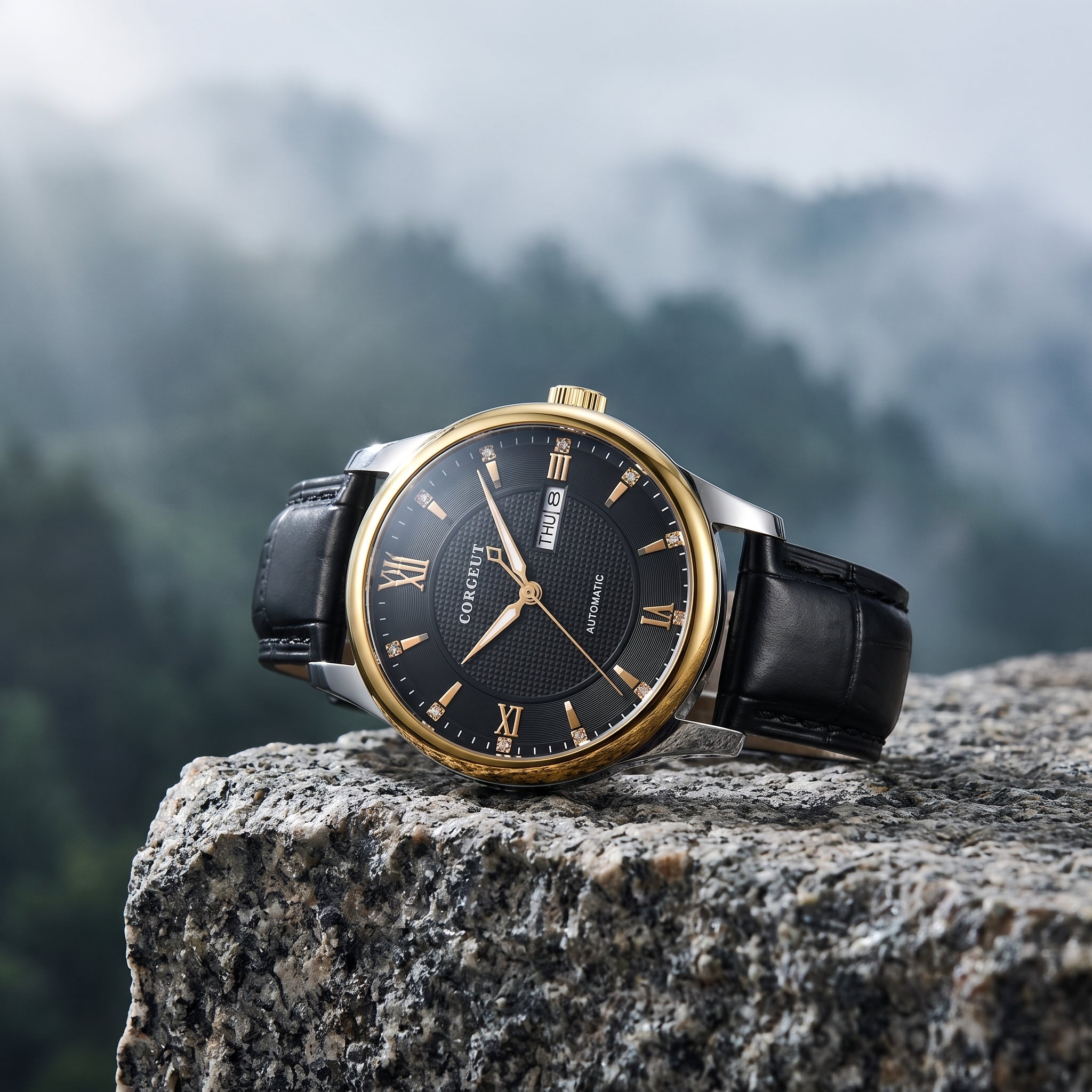 A wristwatch with a black leather strap, black dial, gold-tone case, and gold Roman numerals, resting on a large rock with a misty mountain landscape blurred in the background.