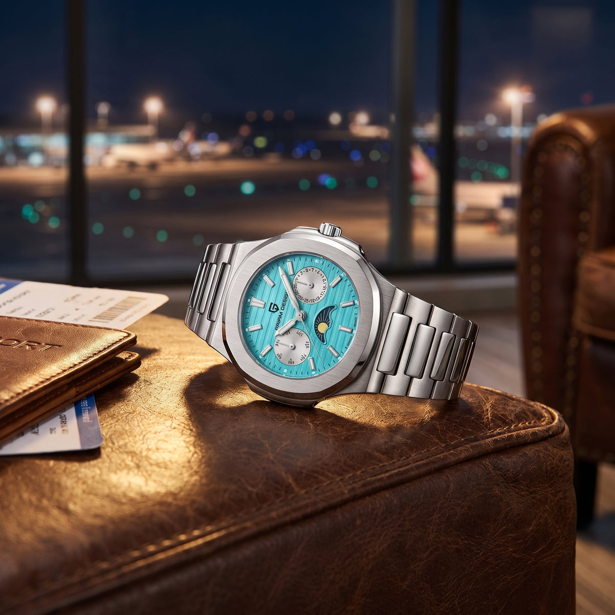 A silver stainless steel wristwatch with a bright turquoise dial and integrated metal bracelet, displayed on a brown leather surface with a blurred airport terminal window view in the background.