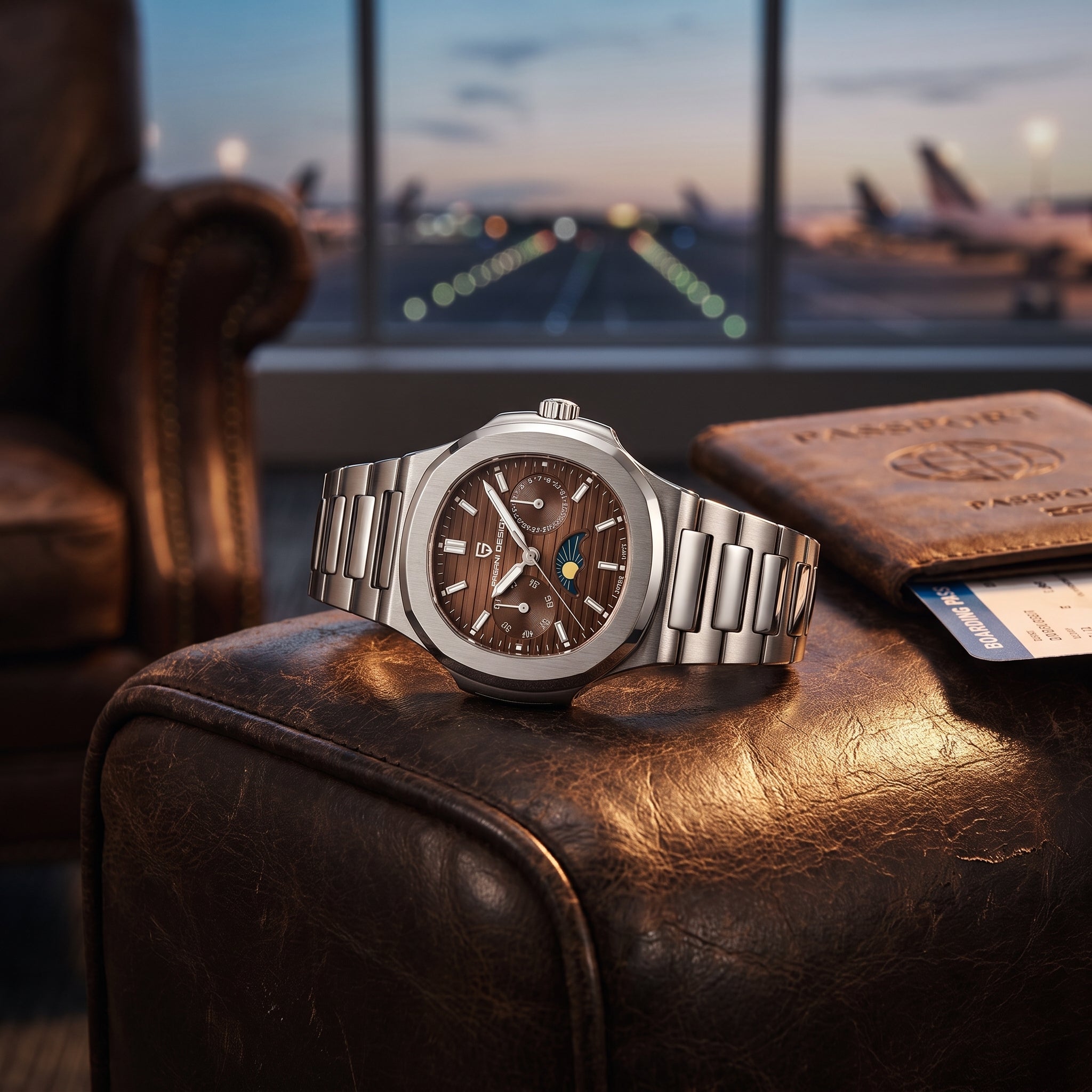 A luxury stainless steel wristwatch with a brown dial and date subdial, resting on a brown leather ottoman next to a passport and boarding pass, with an airport terminal window in the background.