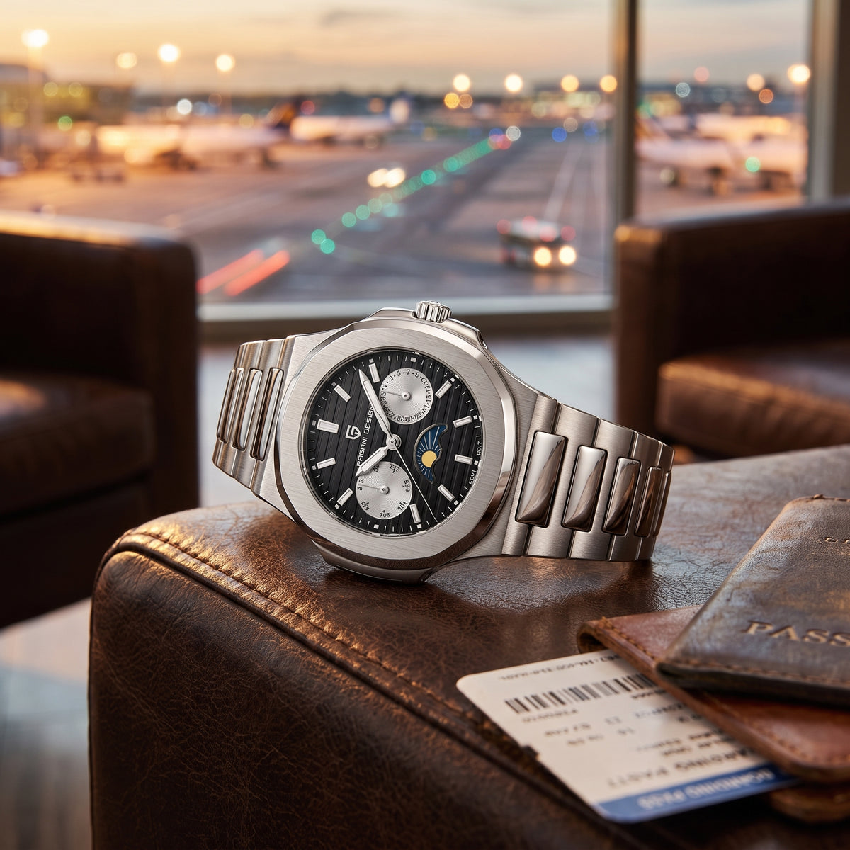 A stainless steel chronograph watch with a black dial and silver case sits on a brown leather armchair in front of a window showing an airport tarmac at dusk. A boarding pass and passport are visible nearby.